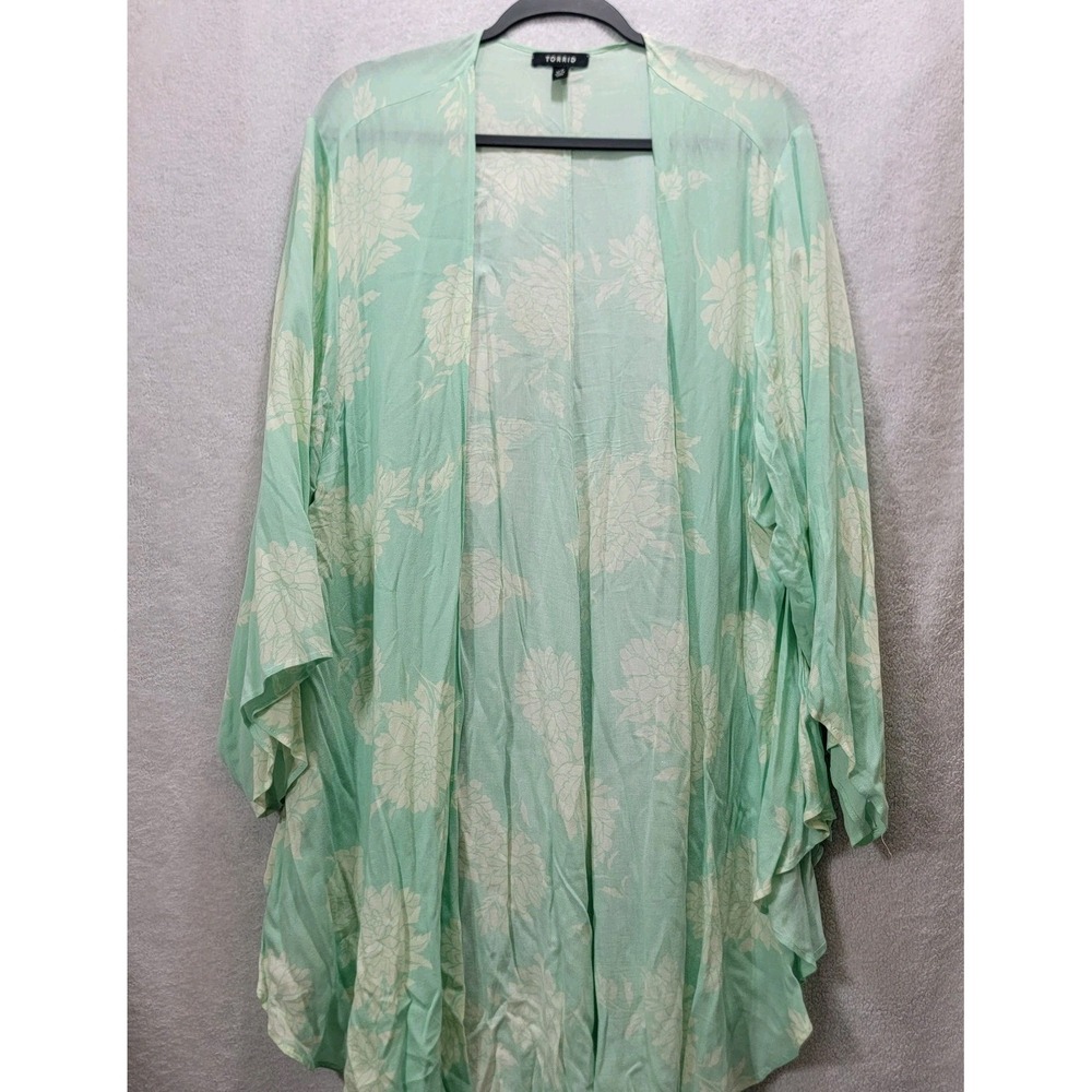 Torrid Women Size 1/2 Teal Lt Green Open Front 100% Rayon Floral Cardigan Long‎